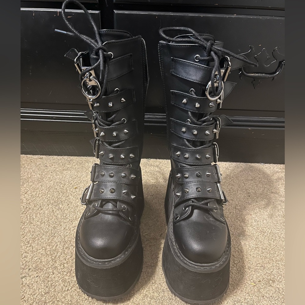 Demonia Damned 225 Black Combat Moto Boots with Buckles and Laces